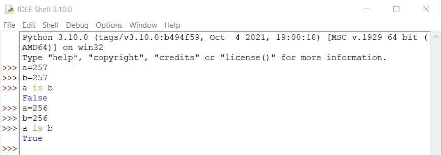 Figure 3: Identity checks in Python’s default IDLE shell